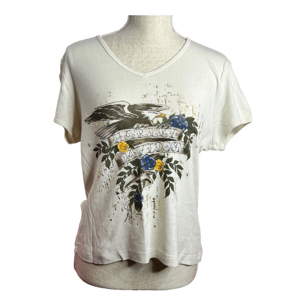 Womens Harley Davidson XL Cream Knit V Neck Shirt Eagle Roses Gold‎ Made In USA